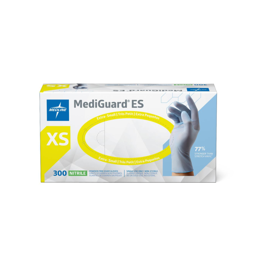 Box of 300 extra-small, powder-free Medline MediGuard ES Powder-Free Nitrile Exam Gloves in blue.